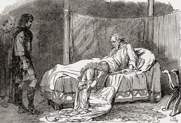 Una escena de la obra de William Shakespeare Rey Lear, Acto IV, Escena 7, Lear: Te ruego, no llores. Si tienes veneno para mí, lo beberé. Sé que no me amas, porque tus hermanas tienen, como recuerdo